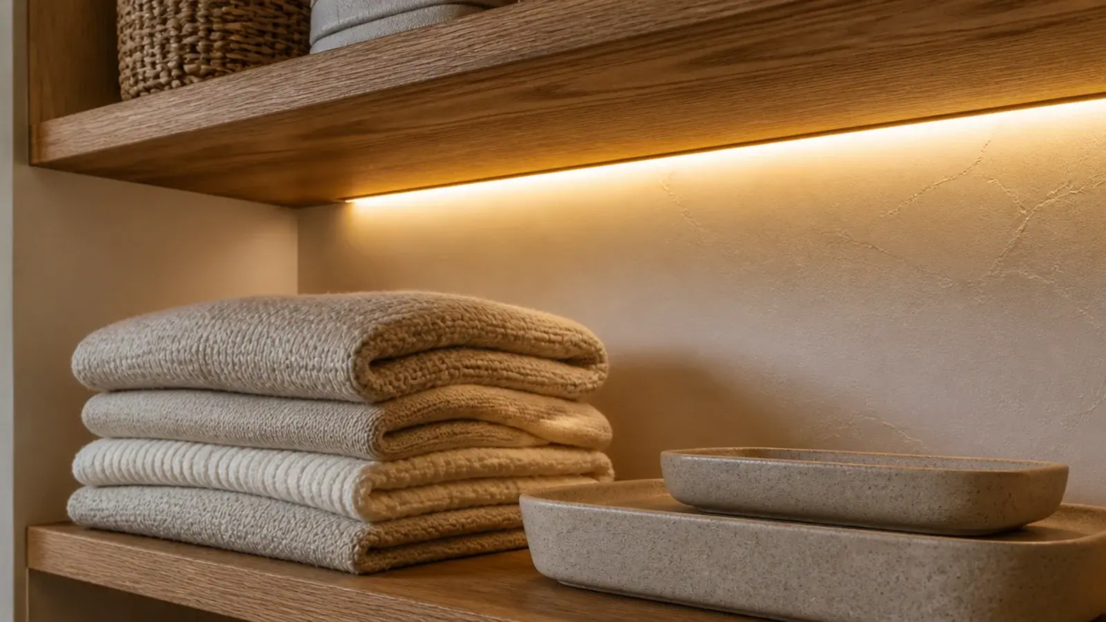 warm LED tape hidden under a closet shelf washing light over folded knits