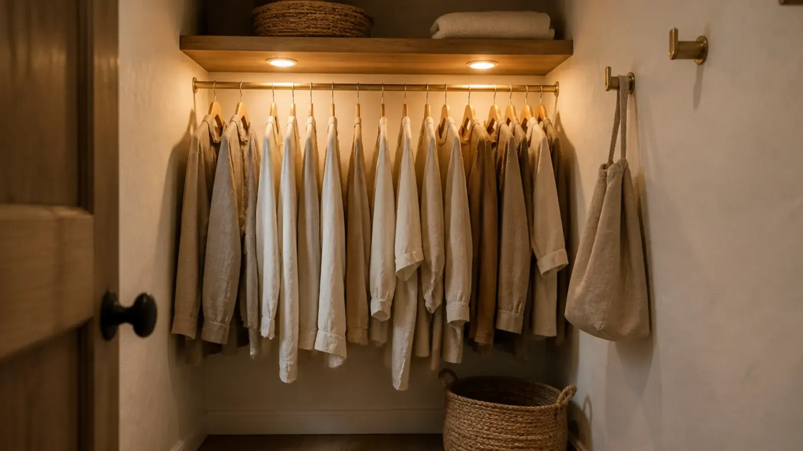 warm small walk-in closet lighting from rechargeable pucks above hanging clothes