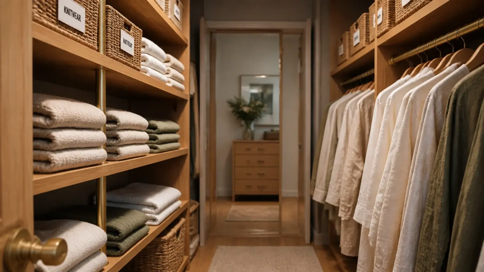 small walk-in closet organization with folded knits baskets and hanging shirts