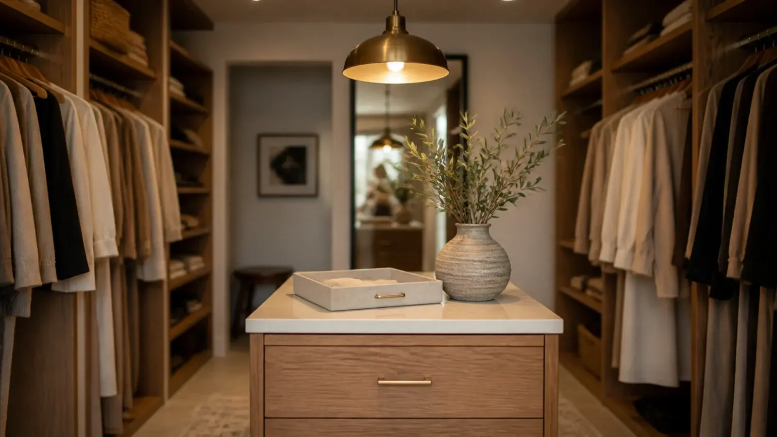 small walk-in closet with island in warm oak below soft warm lighting