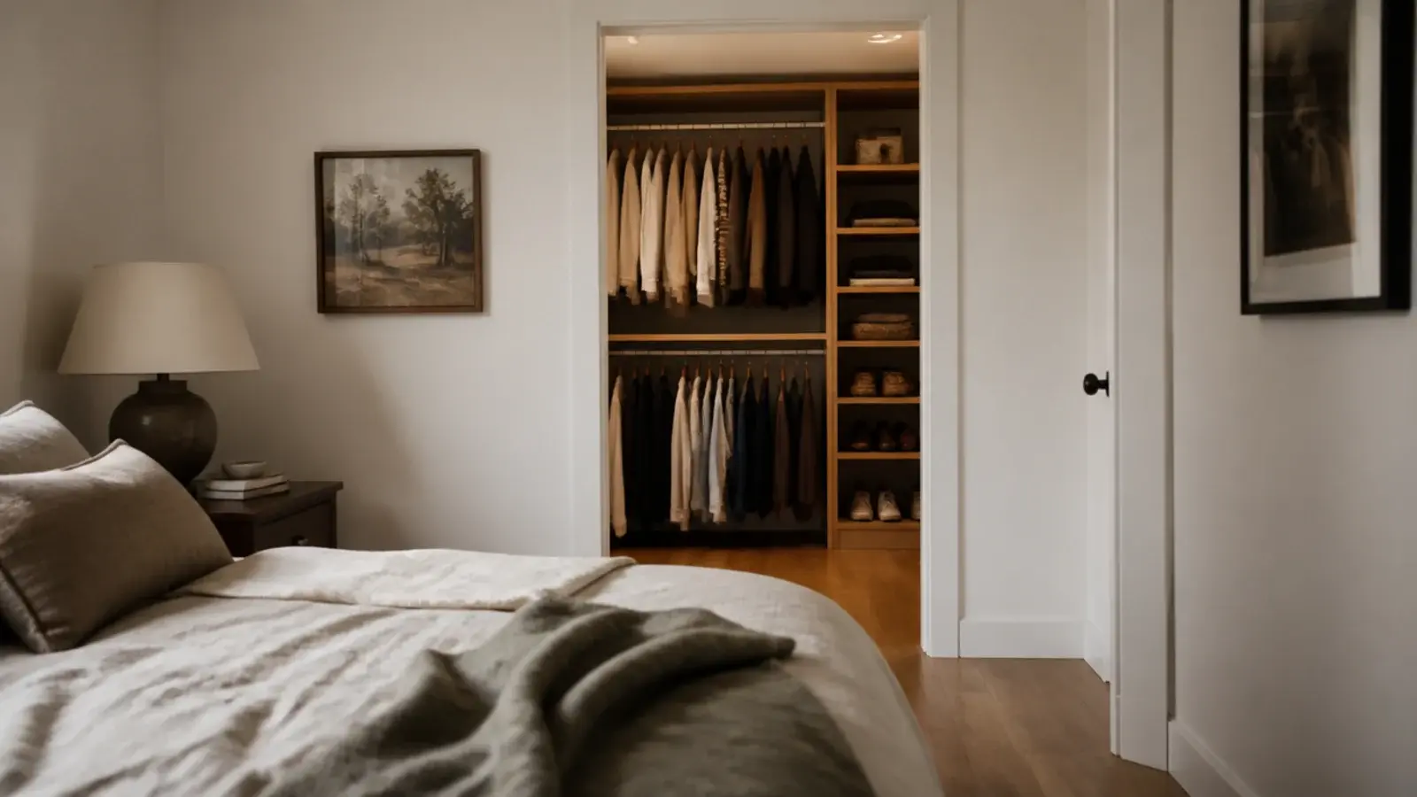walk-in closet carved from a small bedroom corner with double rods and shelving
