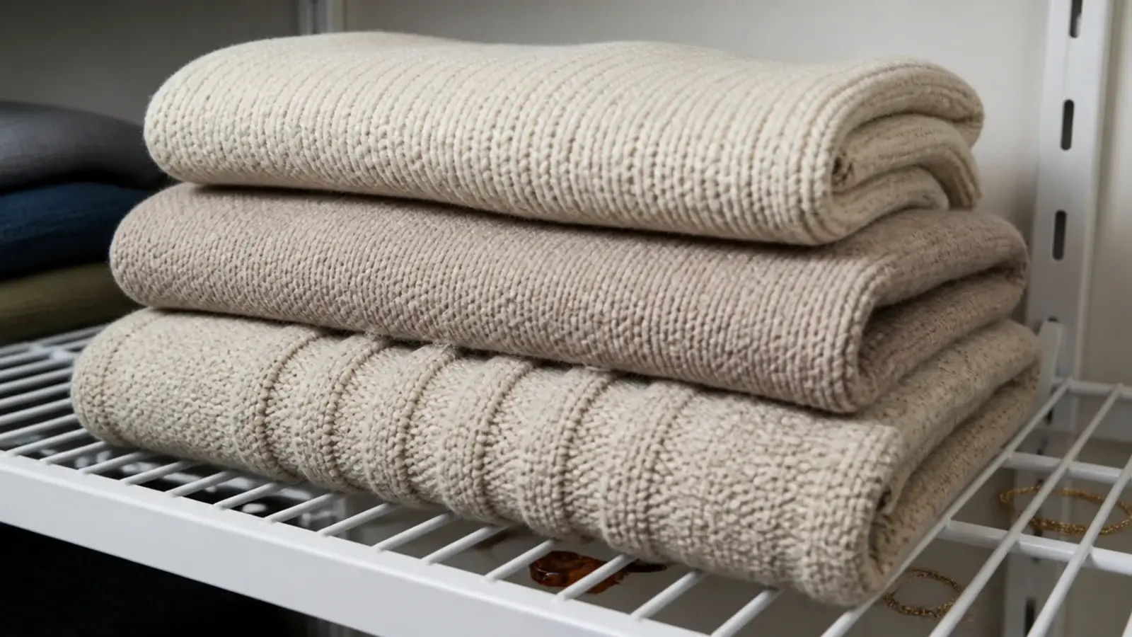 folded sweaters marked by wire shelving in a small closet