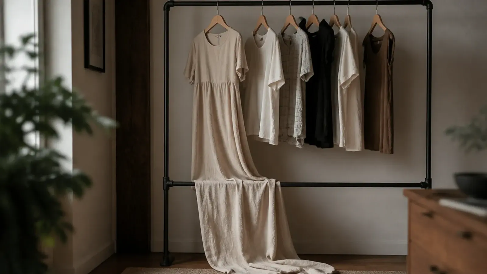 long dress folded over a double hang rod dragging on the floor