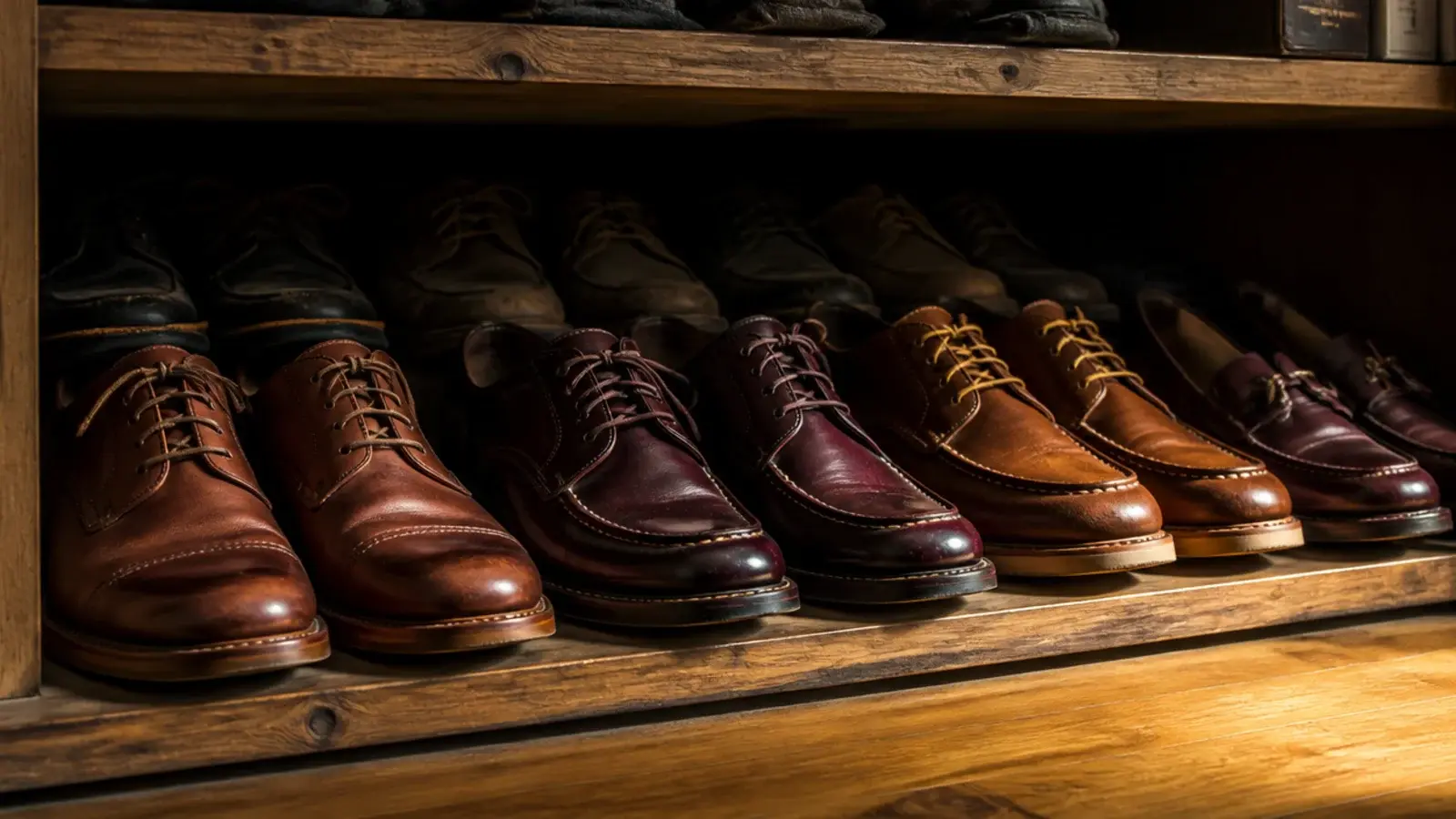 shoe shelf with a hidden back row of unworn pairs in shadow