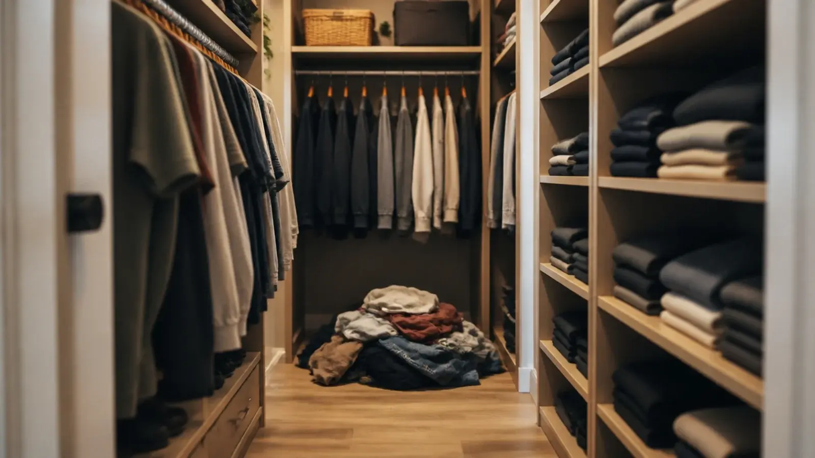laundry piled on the floor of an otherwise tidy small closet
