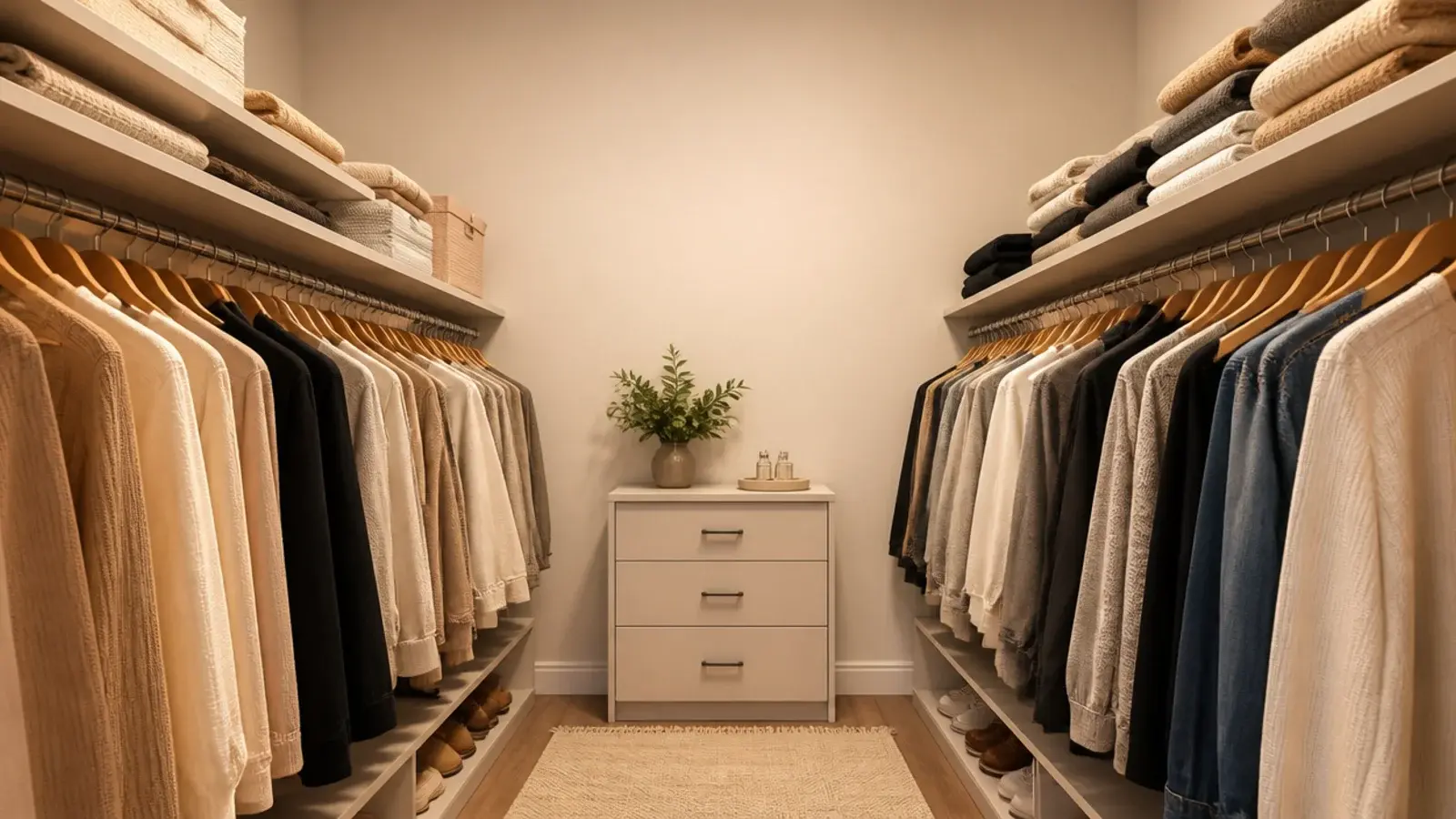 vertical image of small walk-in closet mistakes corrected in warm neutrals