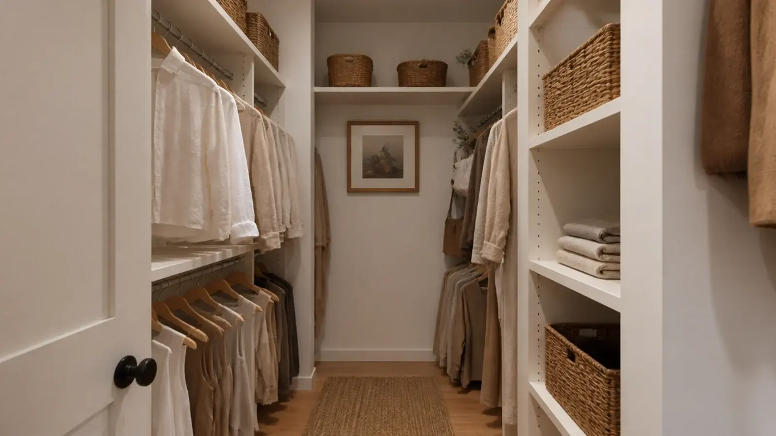 small walk-in closet on a budget with painted shelves and double hanging rods