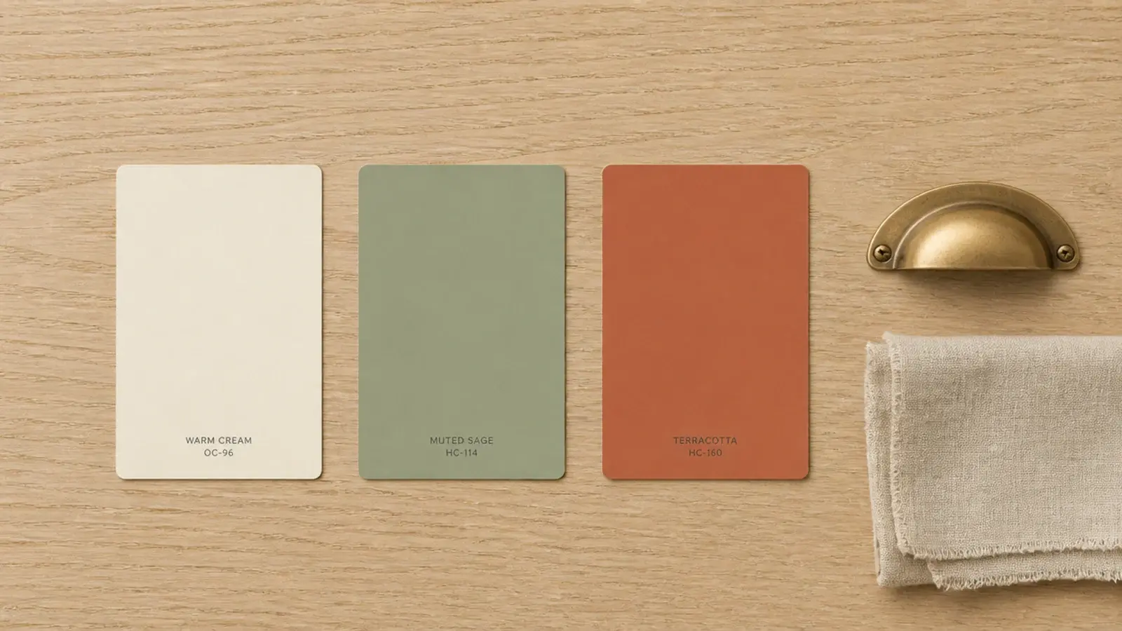 three paint swatches and a brass handle laid out on a desk top