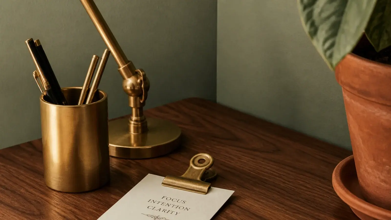 desk corner where wall wood and accent colour repeat in brass