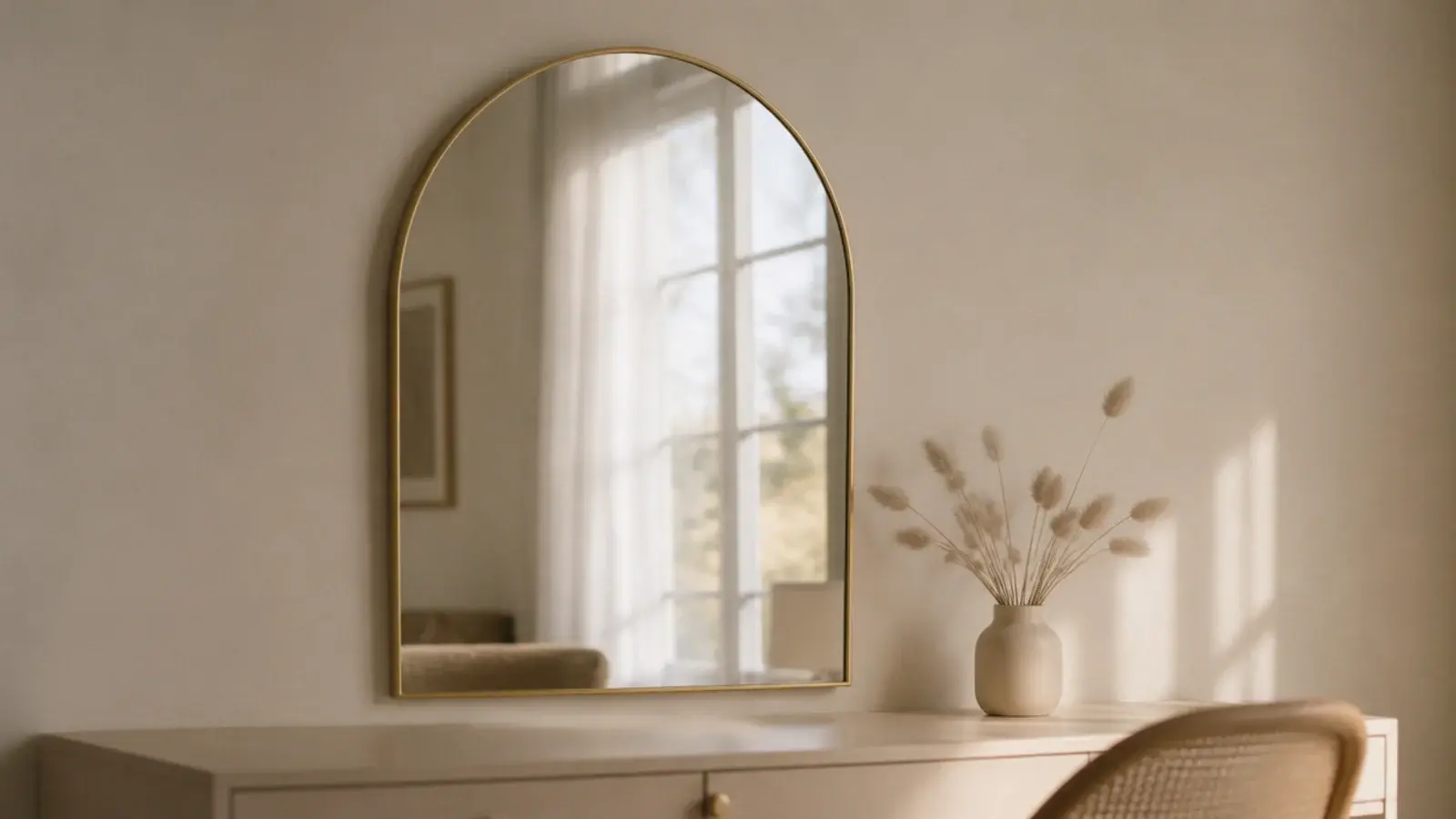 small arched mirror above a study desk reflecting a bright window