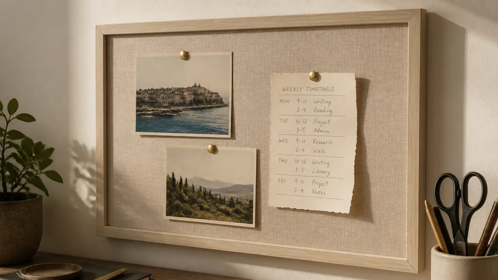 linen wrapped pinboard above a desk holding postcards and notes