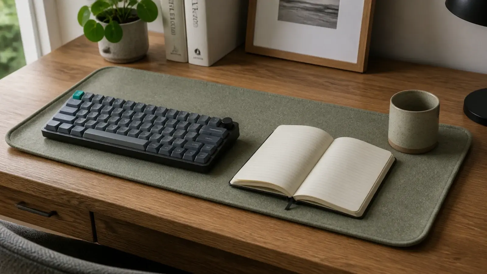 sage wool felt desk pad under a keyboard and open notebook