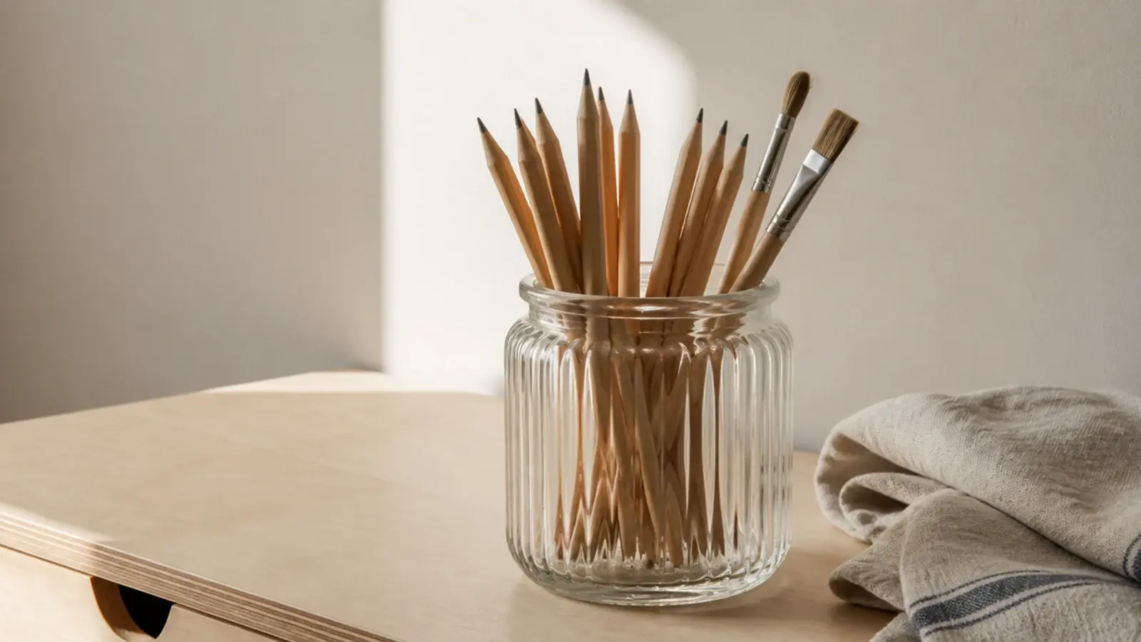 clear glass jar of pencils standing on a wooden study desk