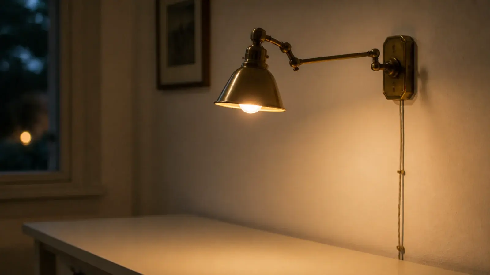 wall sconce mounted above a desk leaving the surface completely clear
