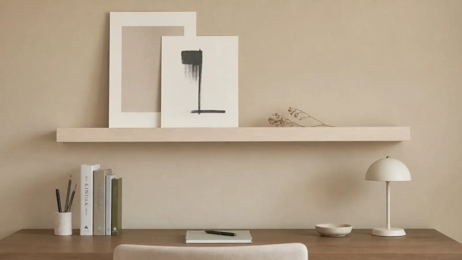 narrow picture ledge above a desk holding two overlapping prints