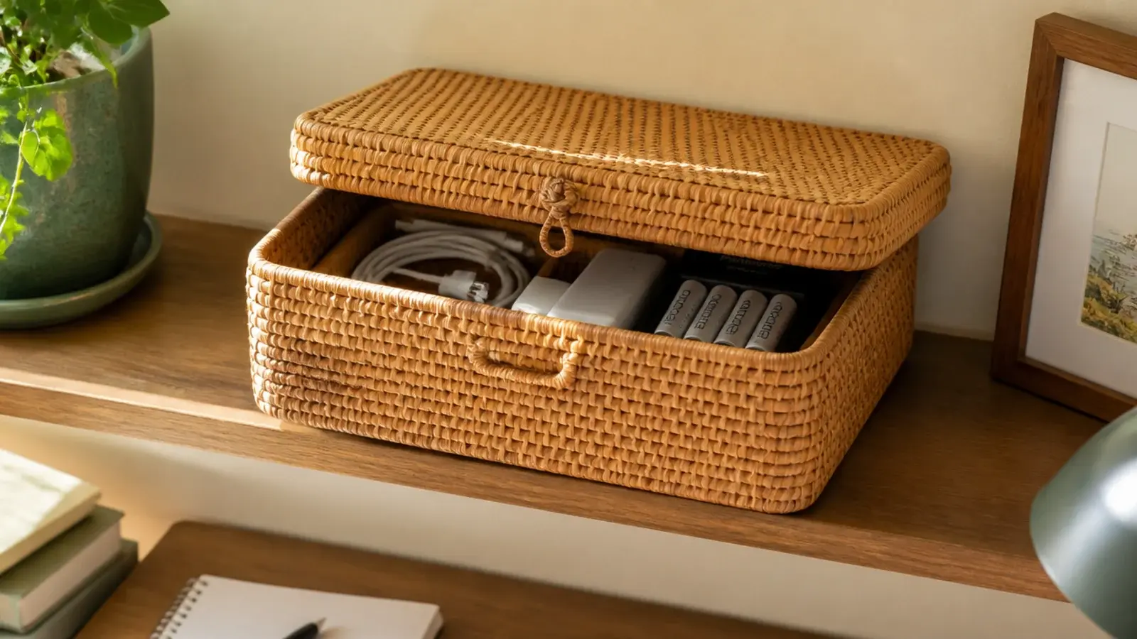 lidded rattan box on a shelf hiding chargers and spare batteries