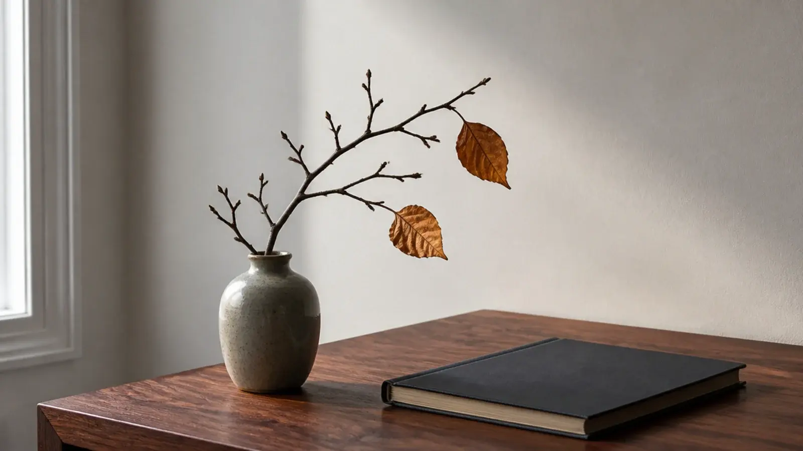 seasonal branch in a small vase replacing a summer desk object