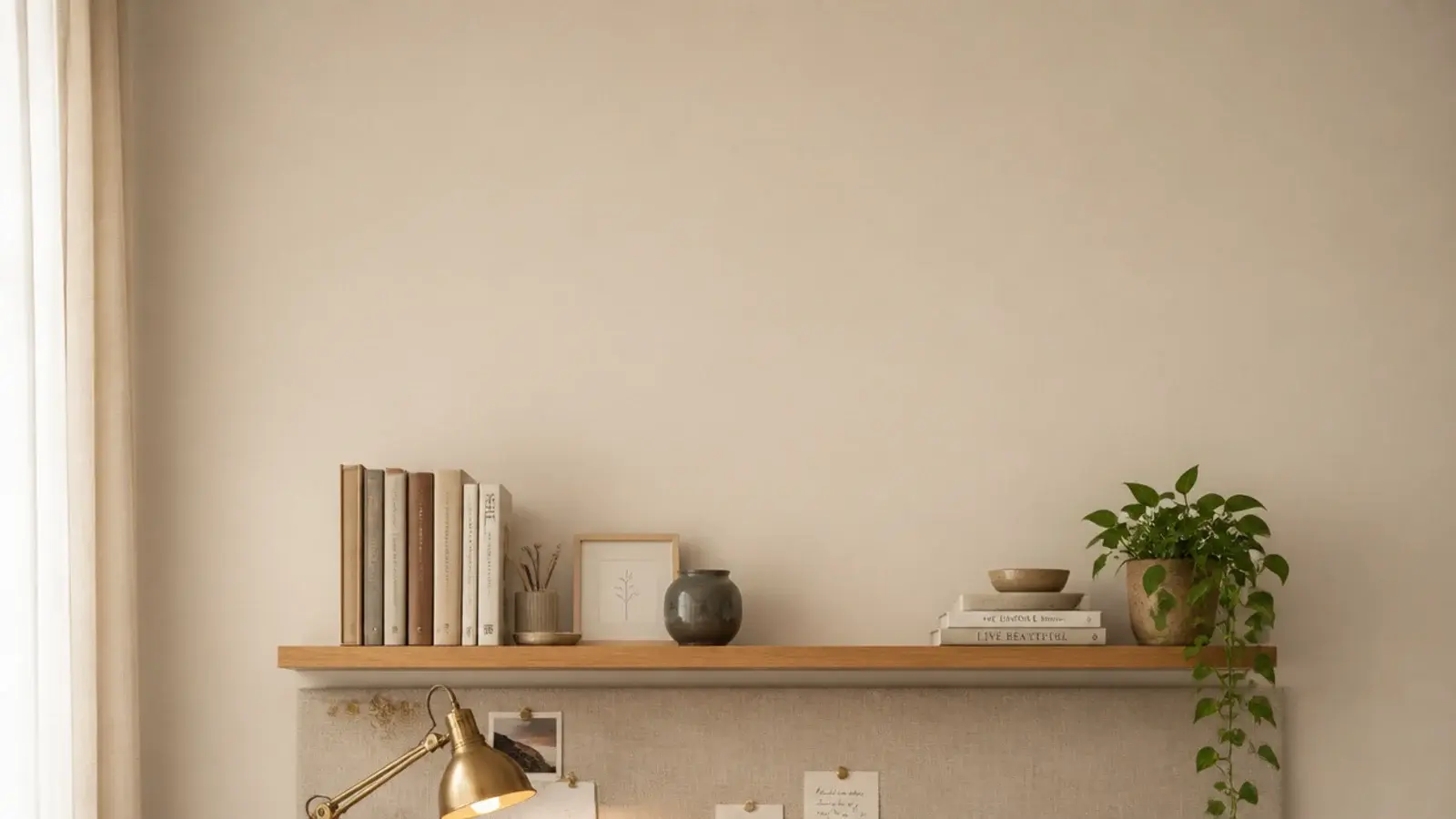 tall aesthetic study desk view with shelf linen board and brass lamp