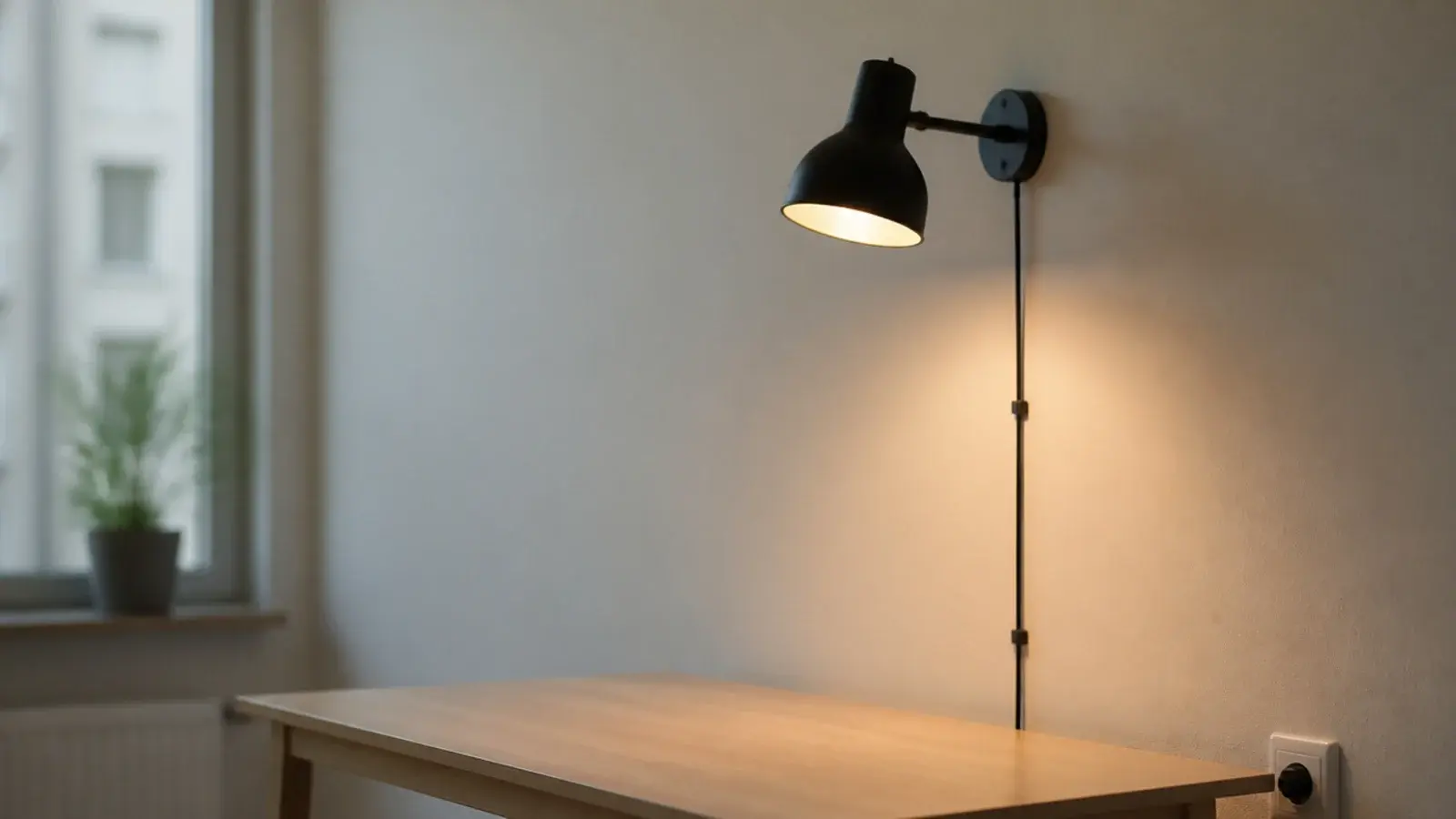 slim wall lamp above a clear desk with no base on the surface