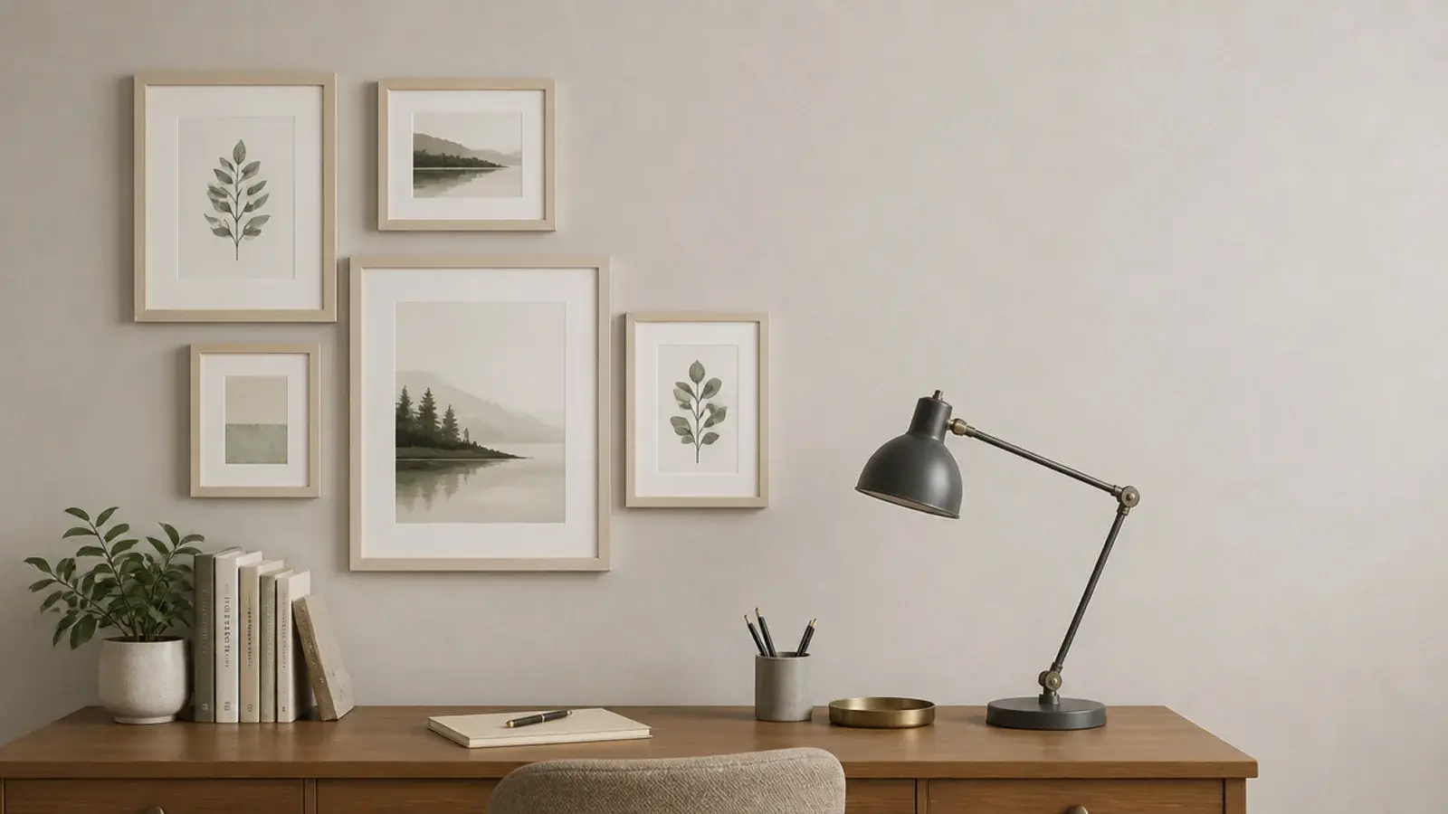 asymmetric group of frames gathered to the left of a desk