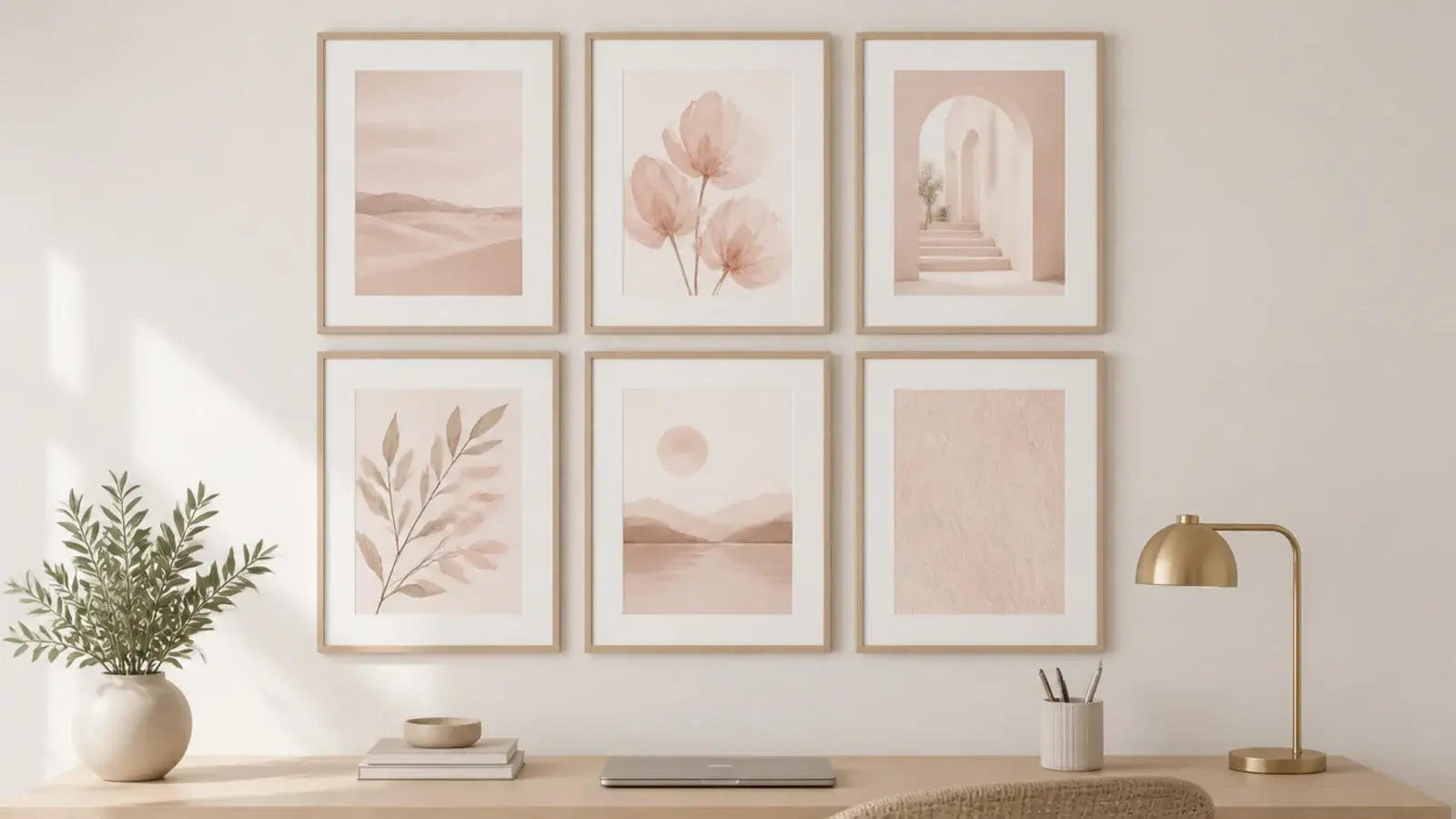 grid of six frames all sharing the same soft colour palette