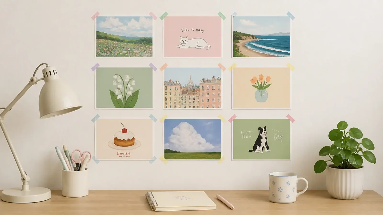 nine postcards taped to a wall in a grid with coloured tape