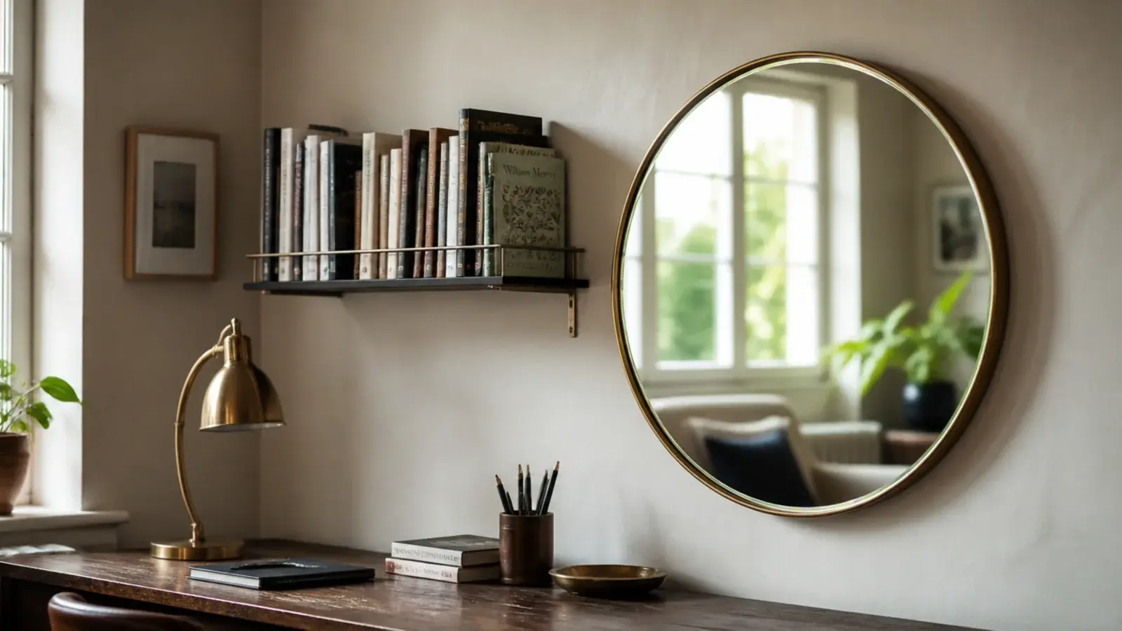 round mirror hung beside a shelf above a study desk