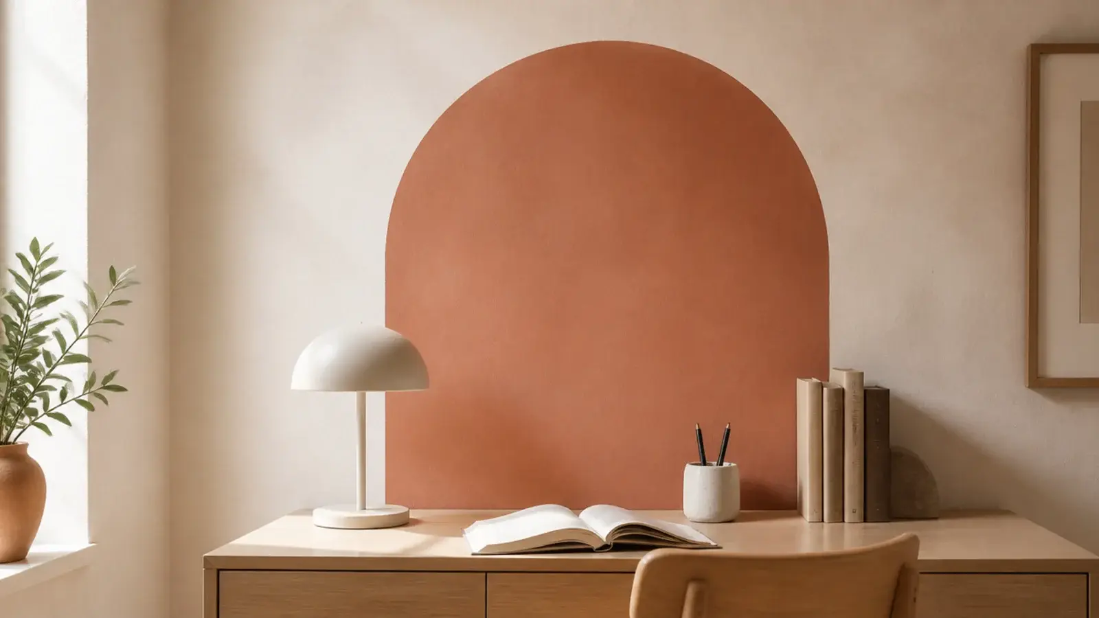 soft painted arch shape on the wall directly behind a desk