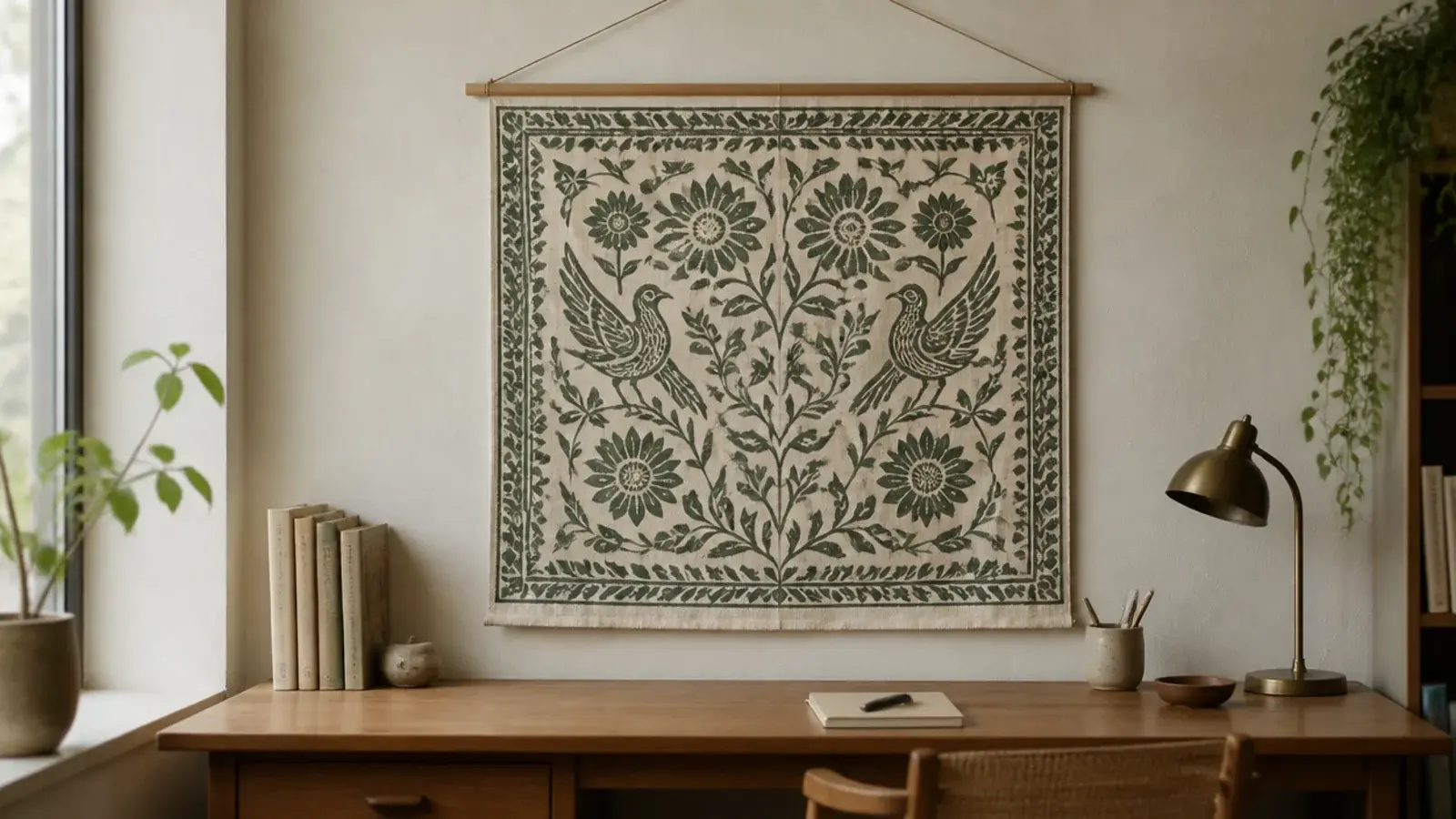 block printed fabric panel hanging from a dowel above a desk