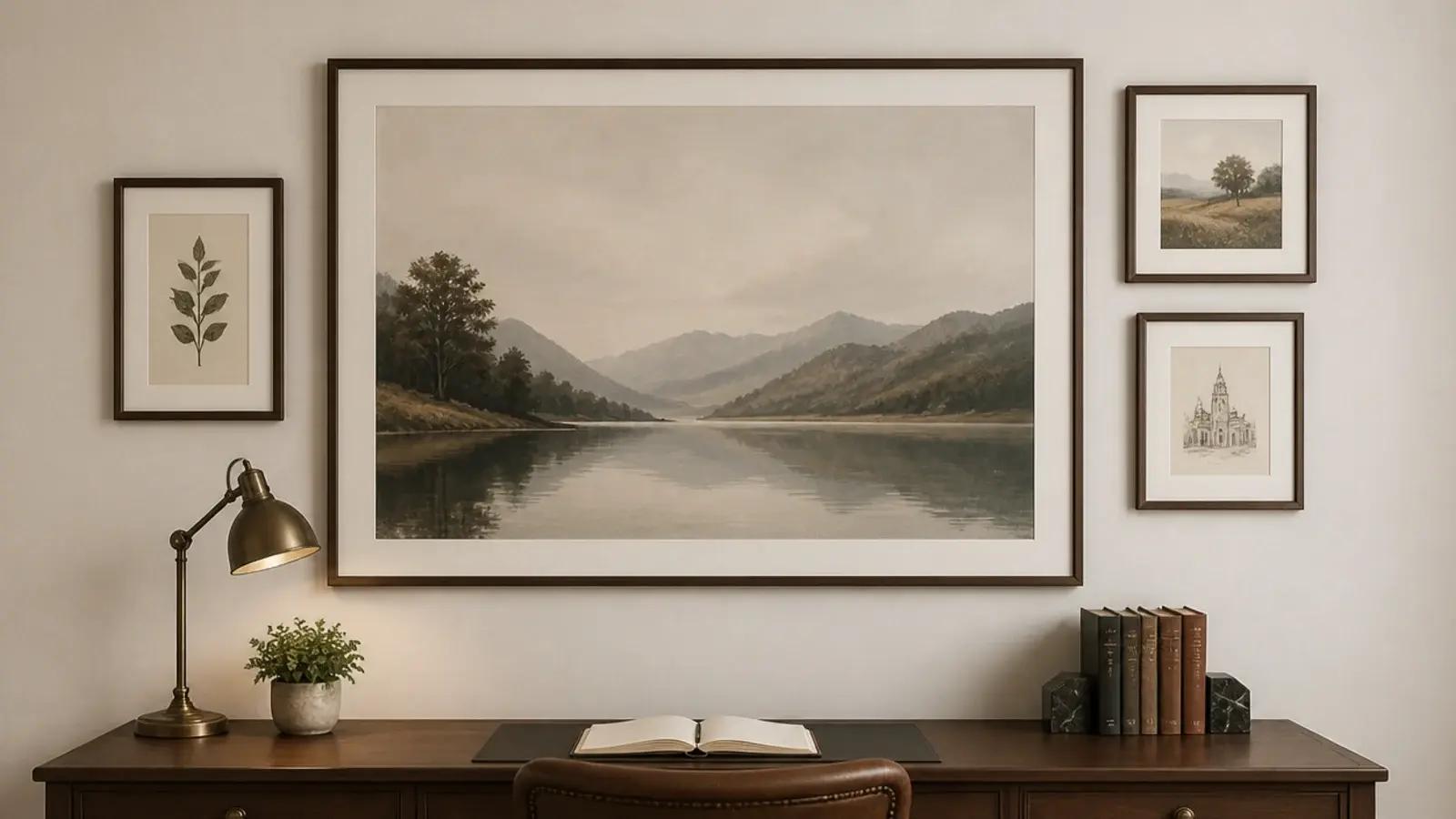 large print flanked by three much smaller frames on a wall