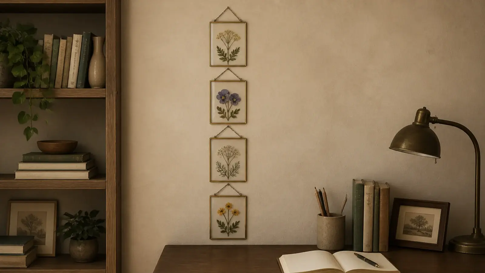 four pressed flower frames hung in a tall narrow column