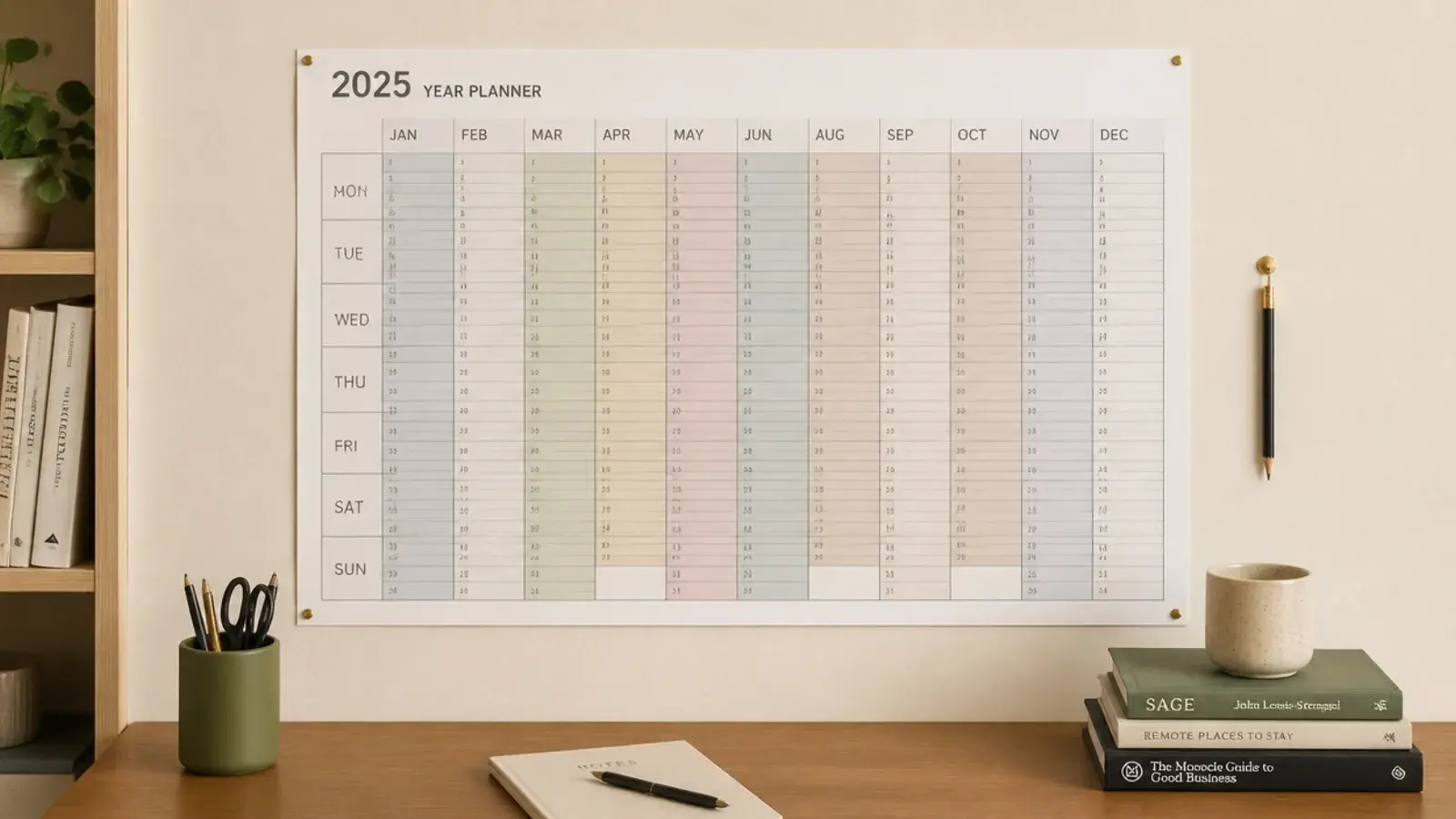 large printed year planner hung flat as wall art beside desk