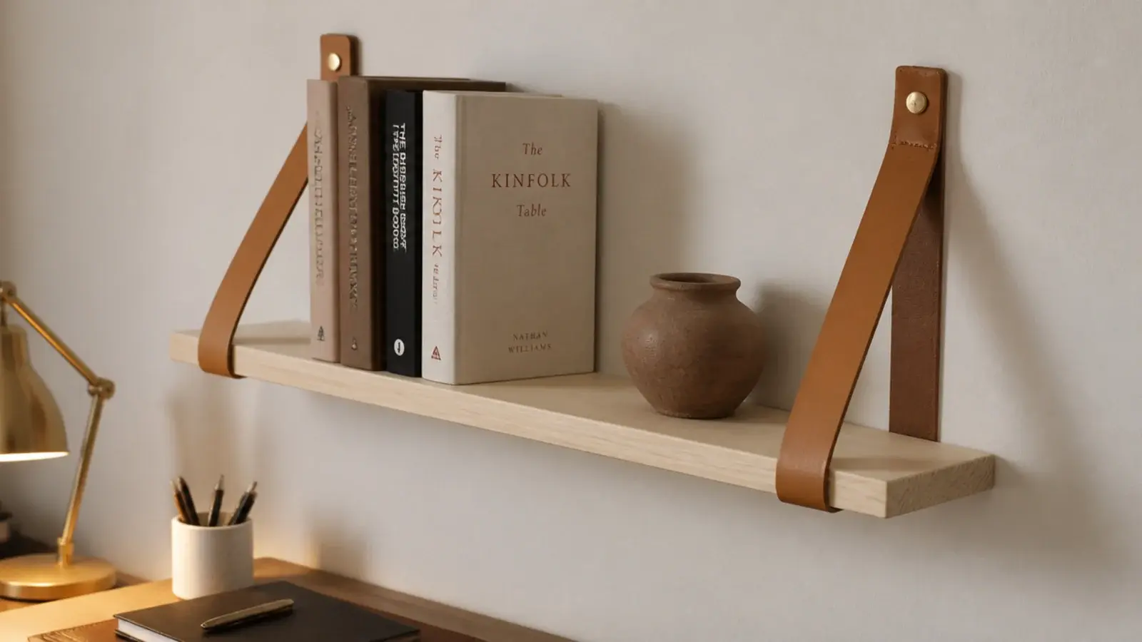 timber shelf suspended on two tan leather straps above a desk