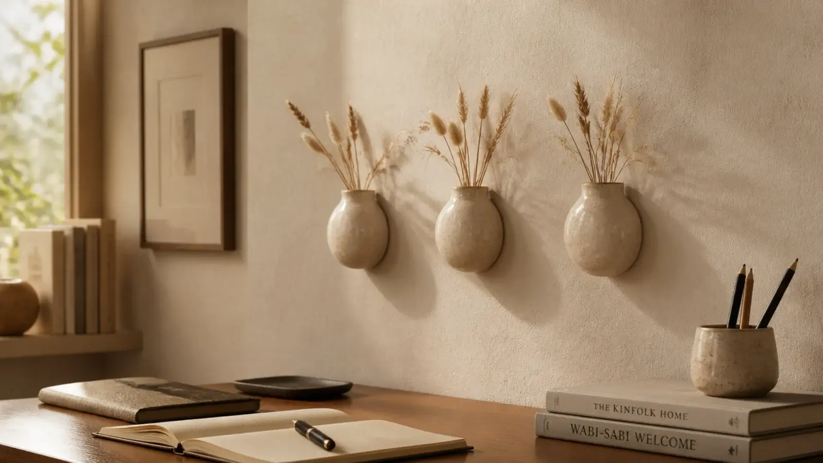 row of small wall vases holding dried stems above a desk