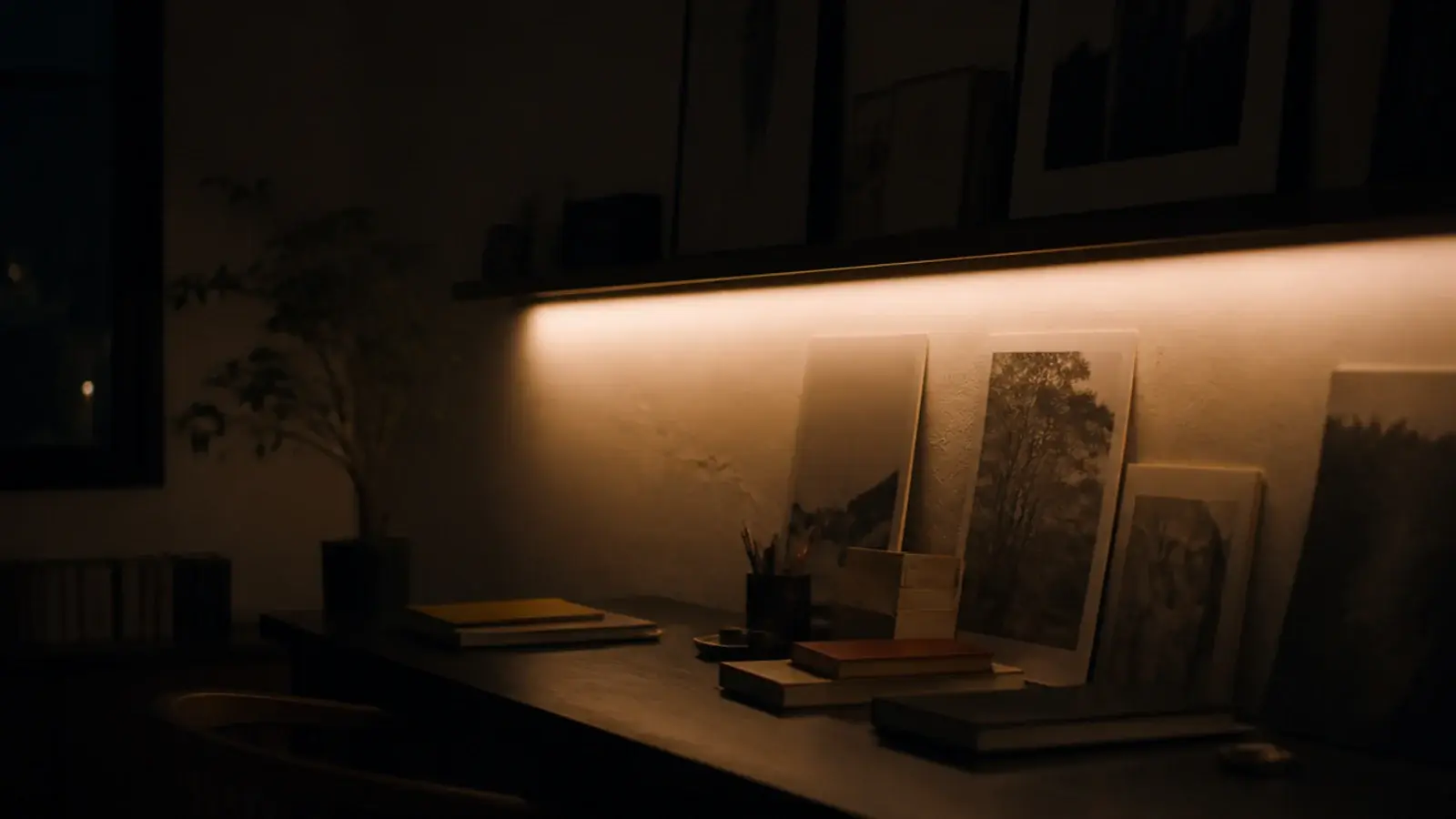 warm light washing down a wall from behind a picture ledge