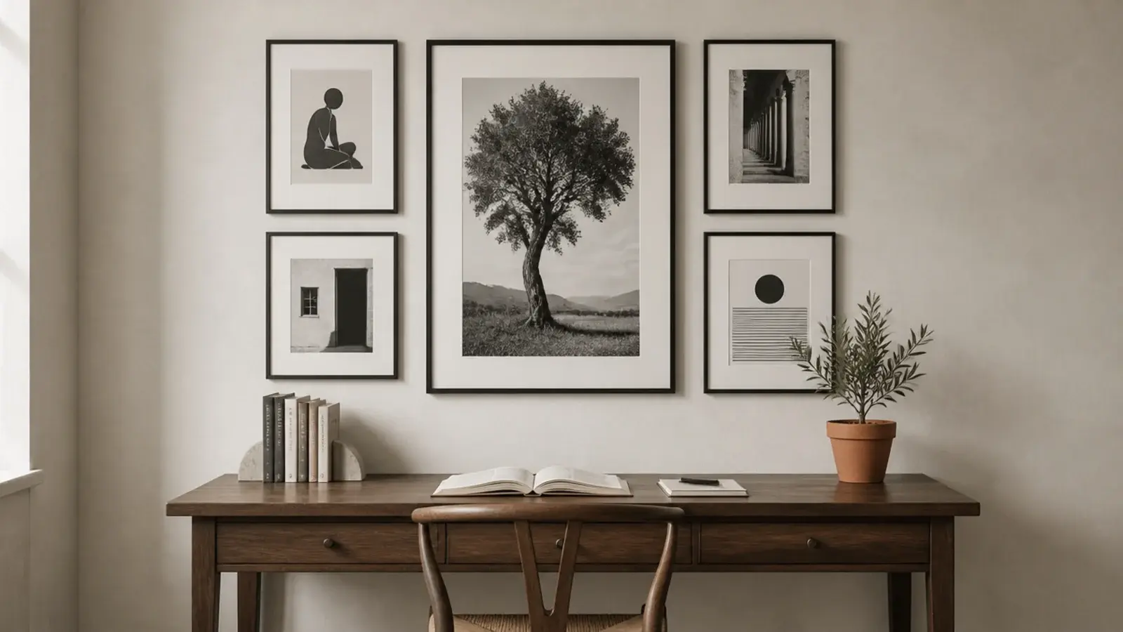 black and white prints above a desk with one warm accent object
