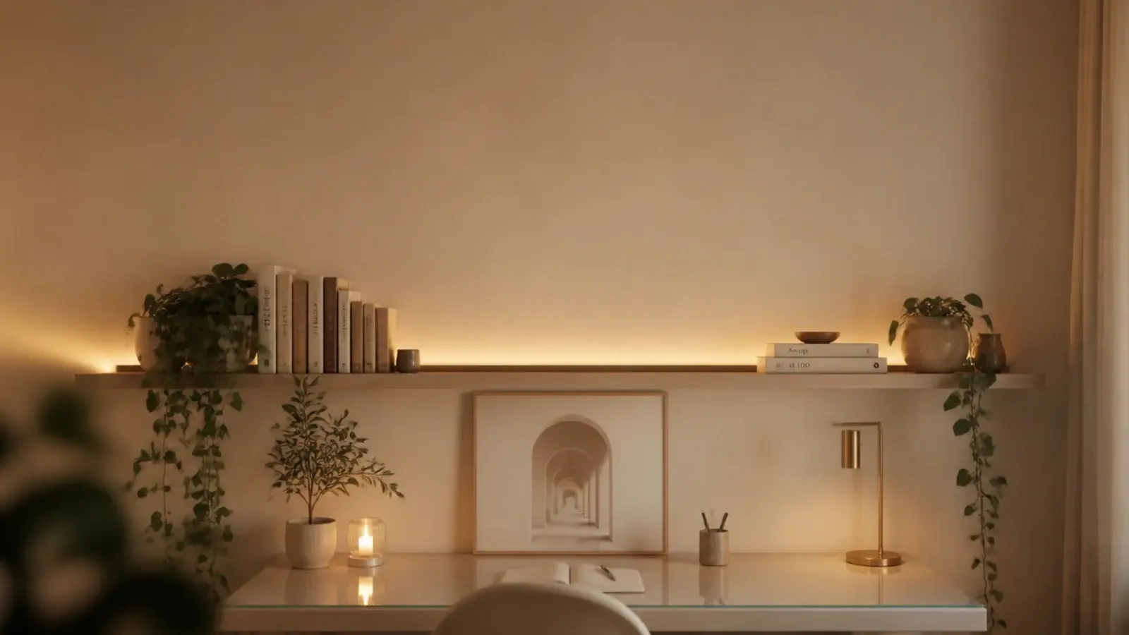 tall dreamy study desk wall with arch shelf plants and soft light