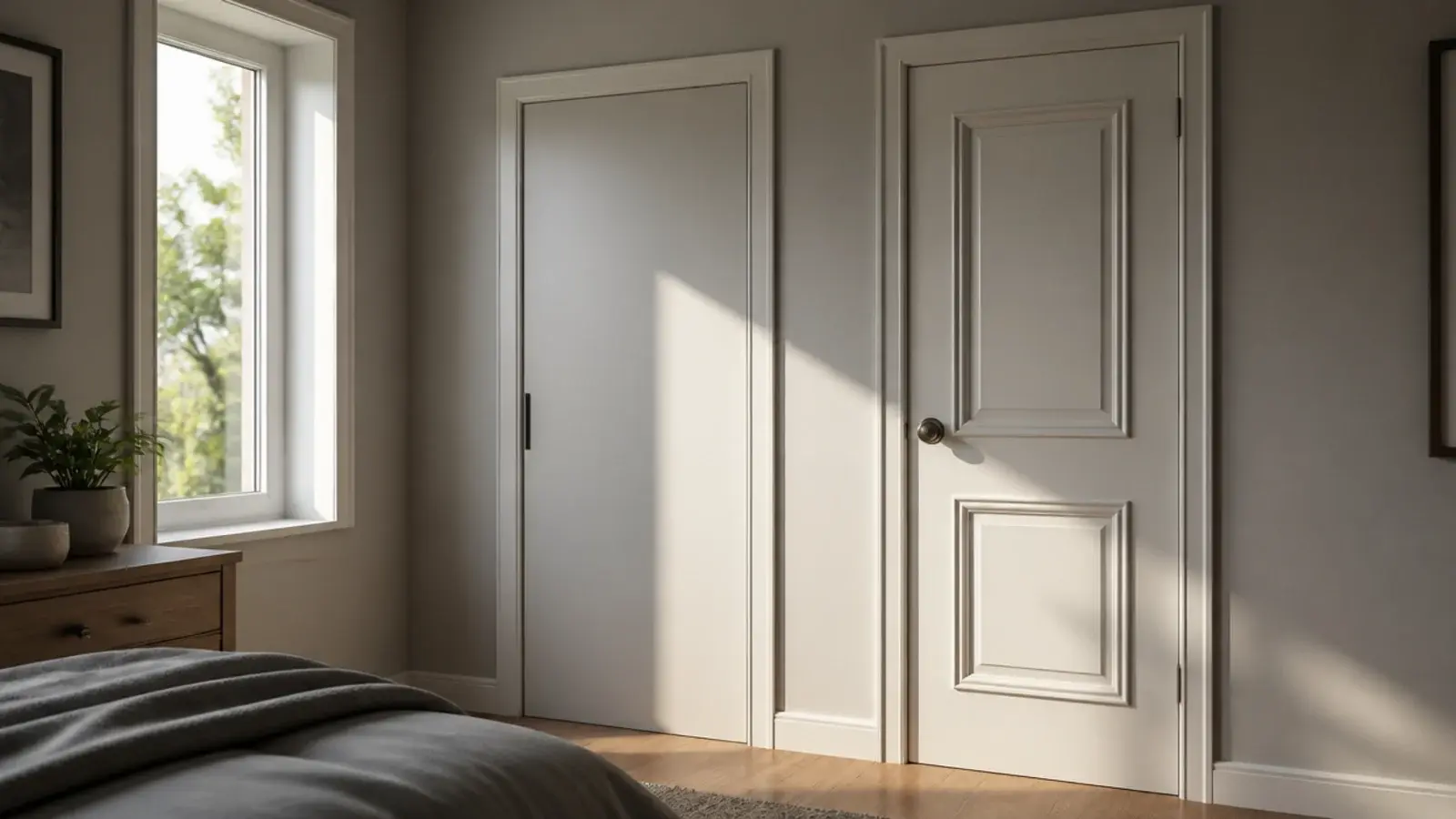 flat slab wardrobe doors beside an older panelled door for comparison