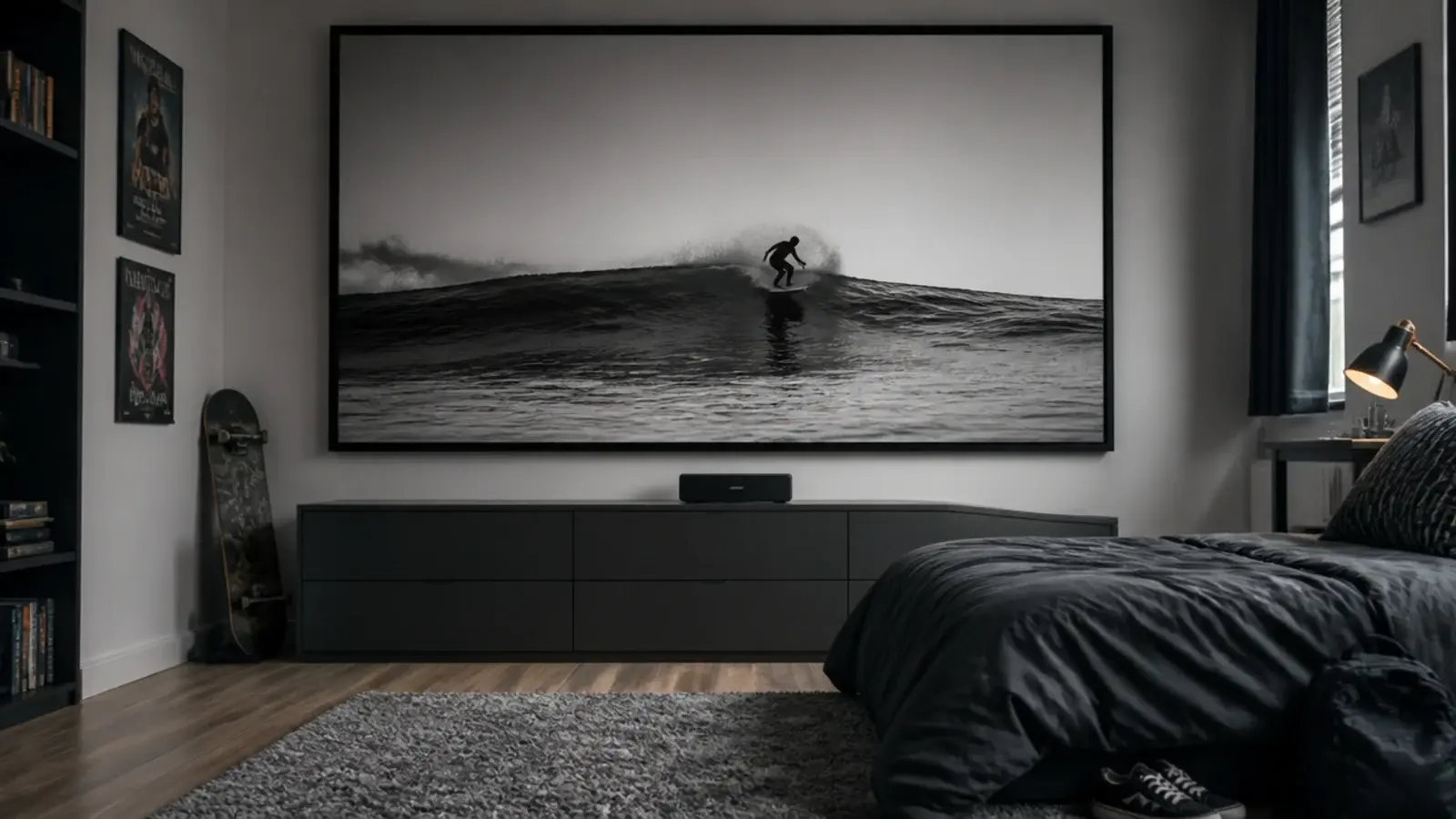 single large framed print filling a bedroom wall above a chest
