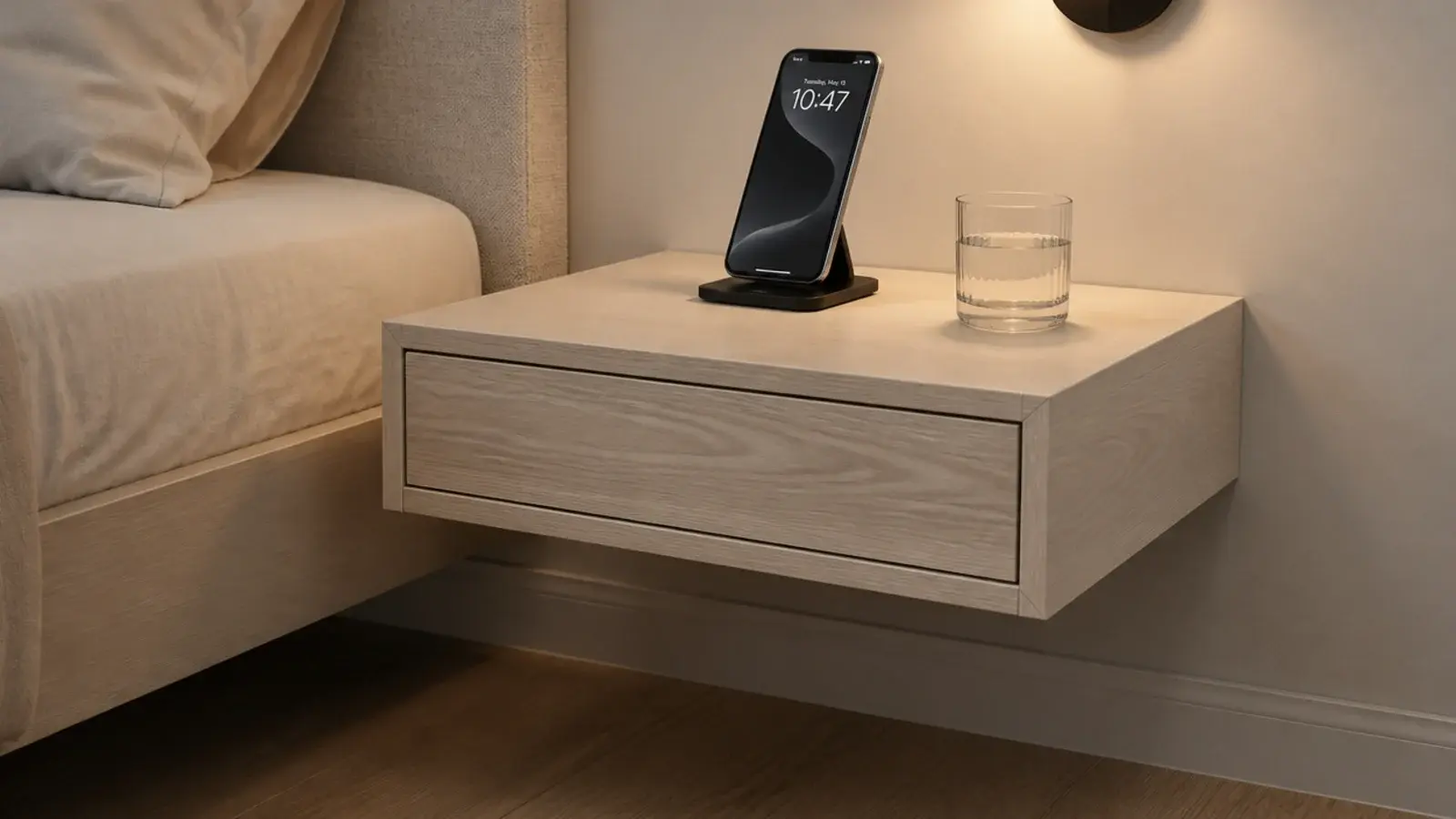 small floating nightstand mounted level with the top of a mattress