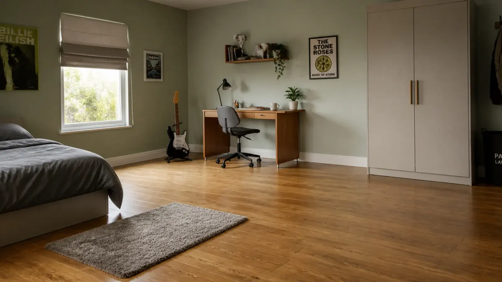 teenage bedroom with wide clear floor between bed desk and wardrobe