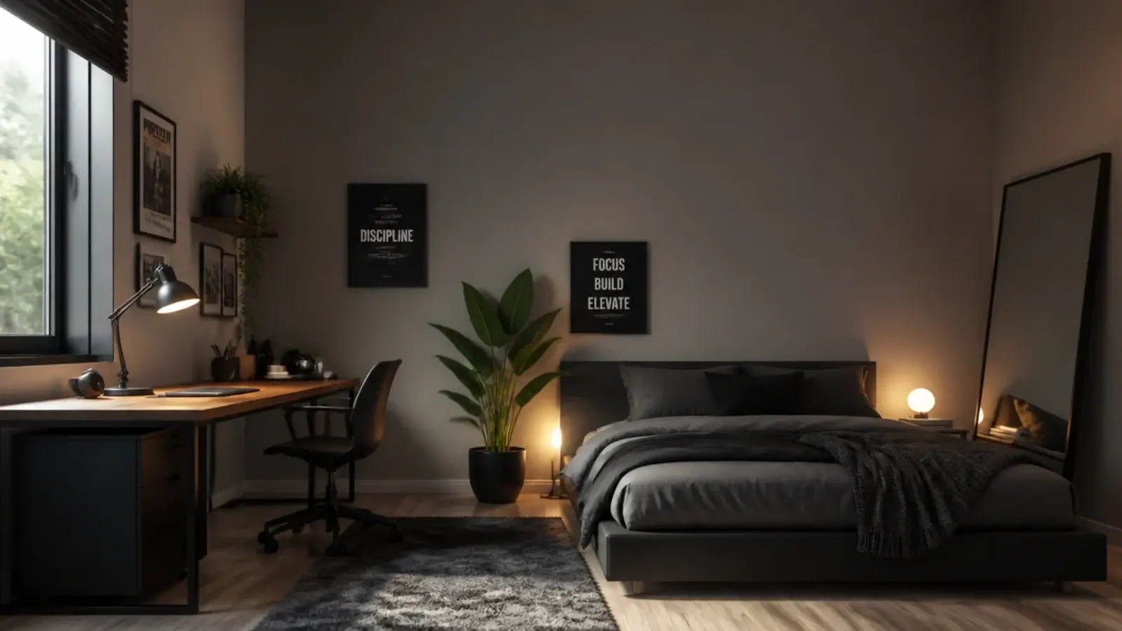 tall modern teen boy bedroom view with desk platform bed and mirror