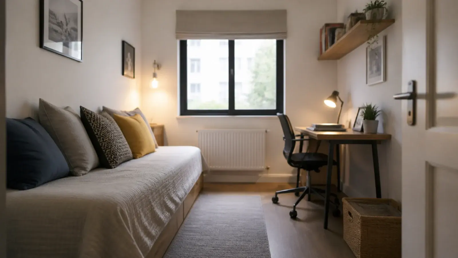 bed pushed long side to a wall opening a wide strip of floor