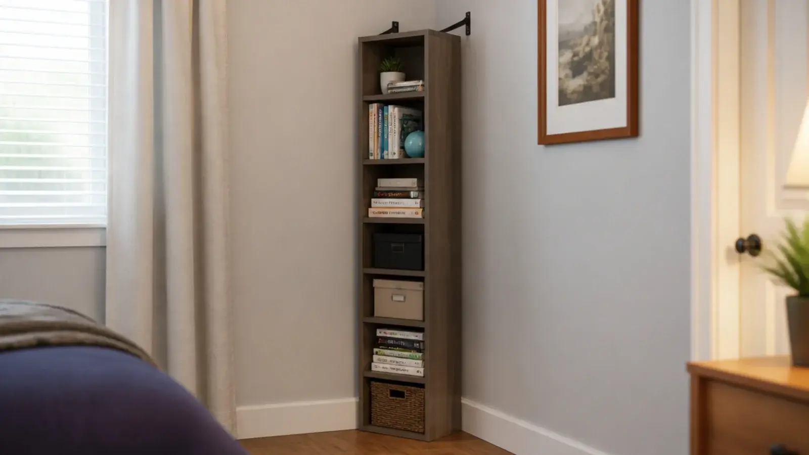 tall narrow shelving unit standing in a small bedroom corner