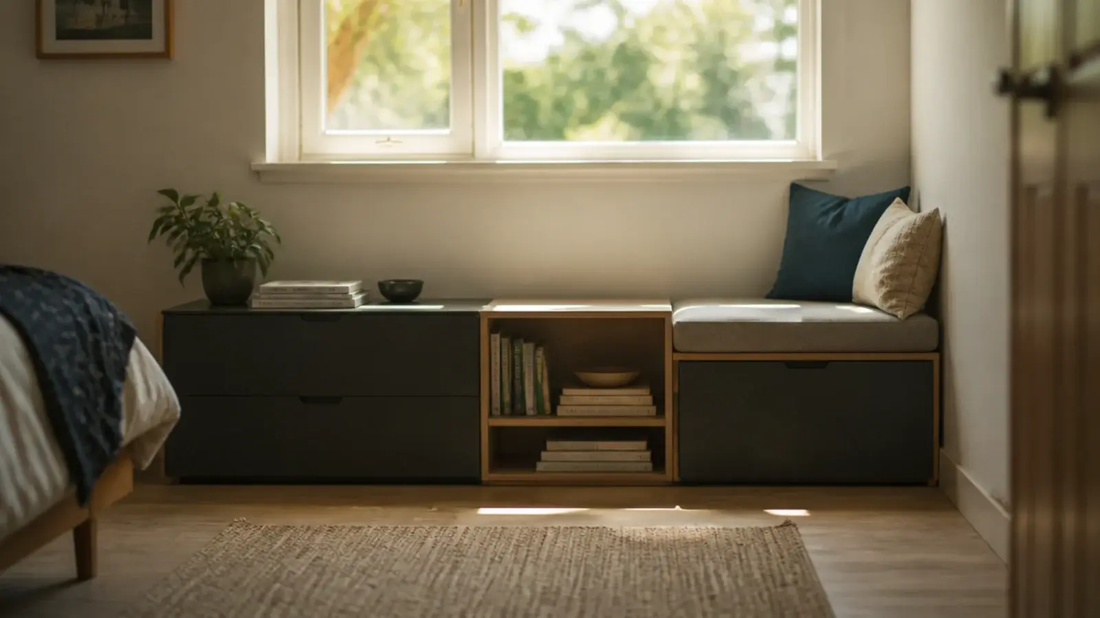 low furniture run sitting below the line of a bedroom window sill