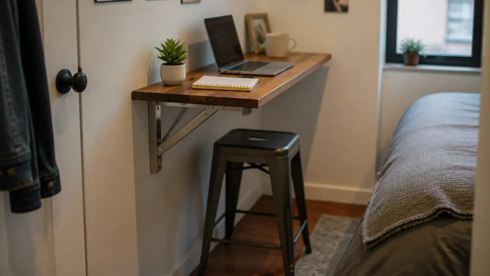 hinged wall desk shown open with a laptop in a narrow bedroom