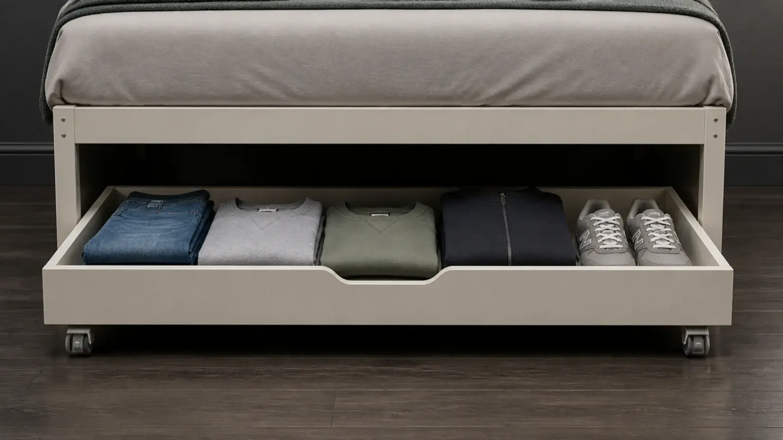 rolling storage drawer on castors pulled out from under a bed
