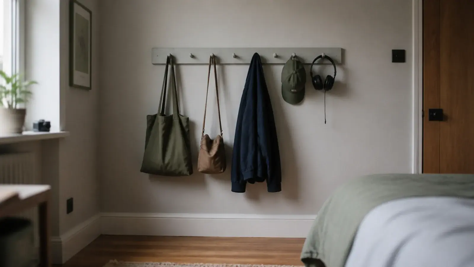 peg rail carrying bags jackets and caps along a small bedroom wall