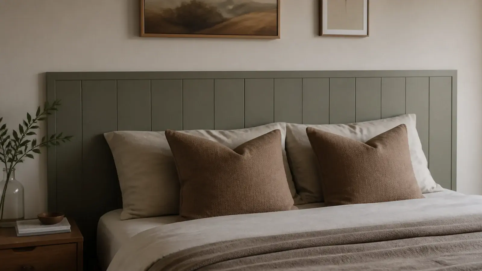 low painted panel behind a bed acting as a shallow headboard