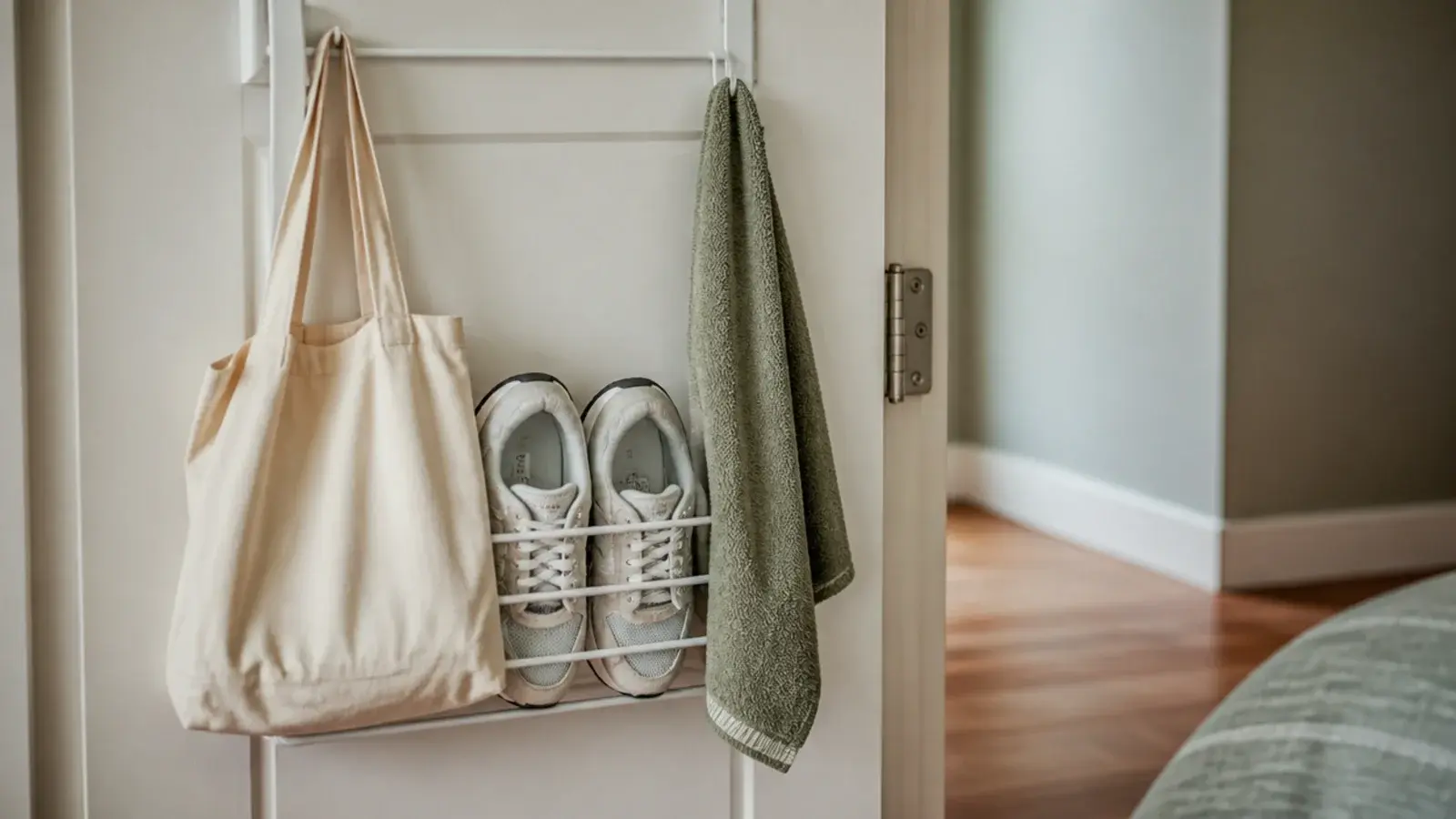 over door rack holding shoes and a bag behind a bedroom door